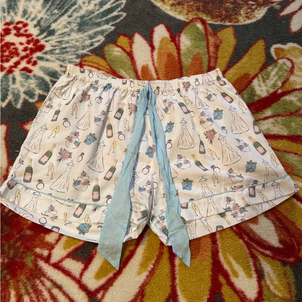 Mud Pie White Bridal Patterned Shorts with Blue Accents